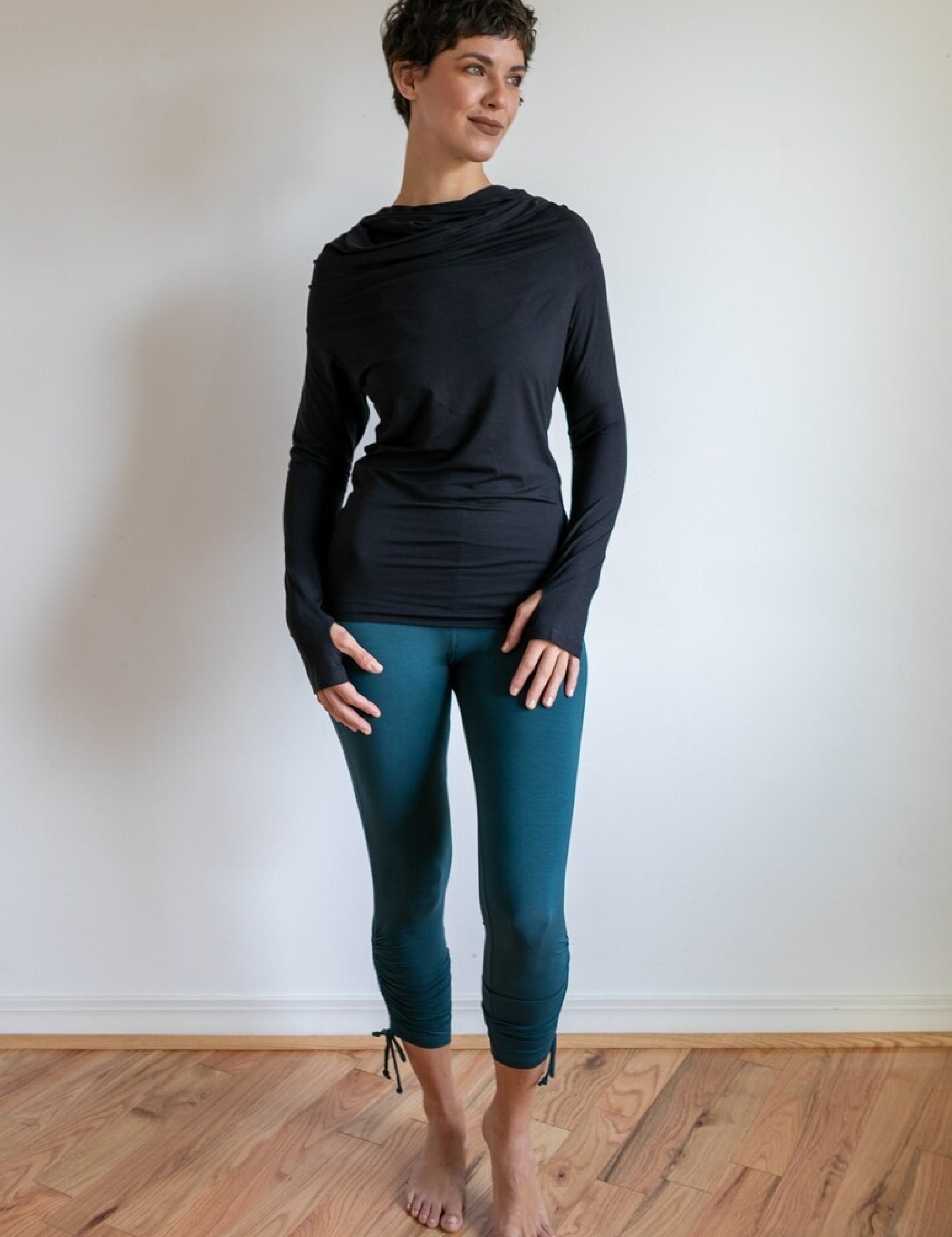 Ruched, Cinched Leggings with Side Ties in Dark Teal