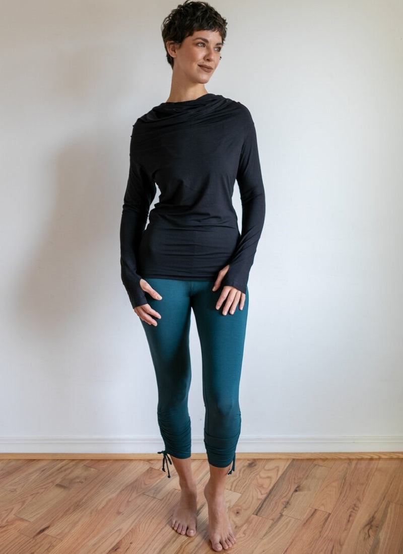 Ruched Cinched Yoga Leggings with Side Ties in Dark Teal