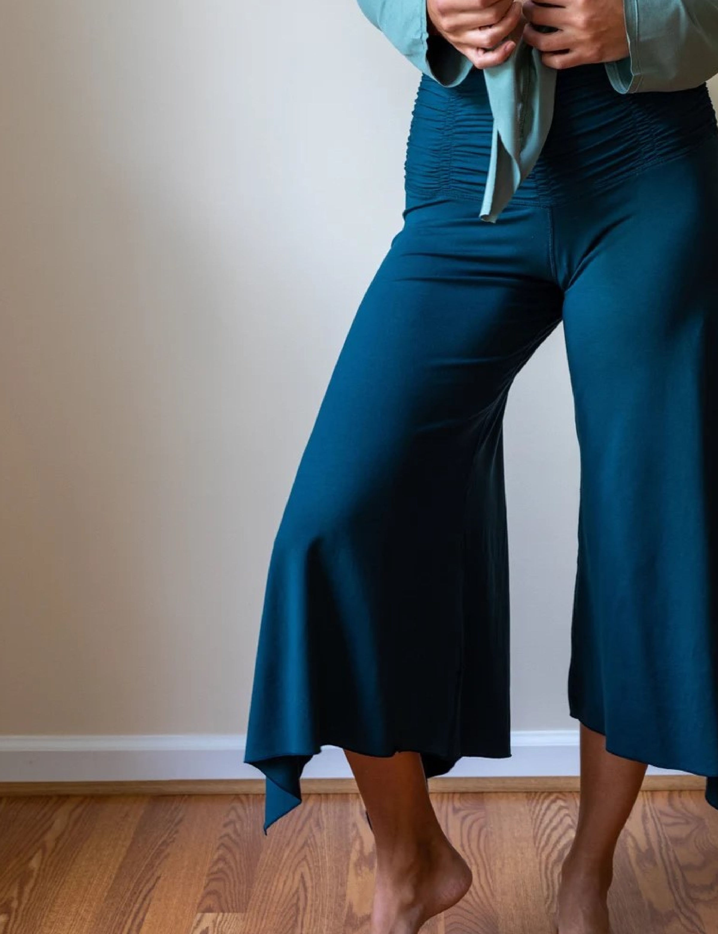 Ruched Waistband, Wide Leg, Flowy Gaucho Pants in Dark Teal
