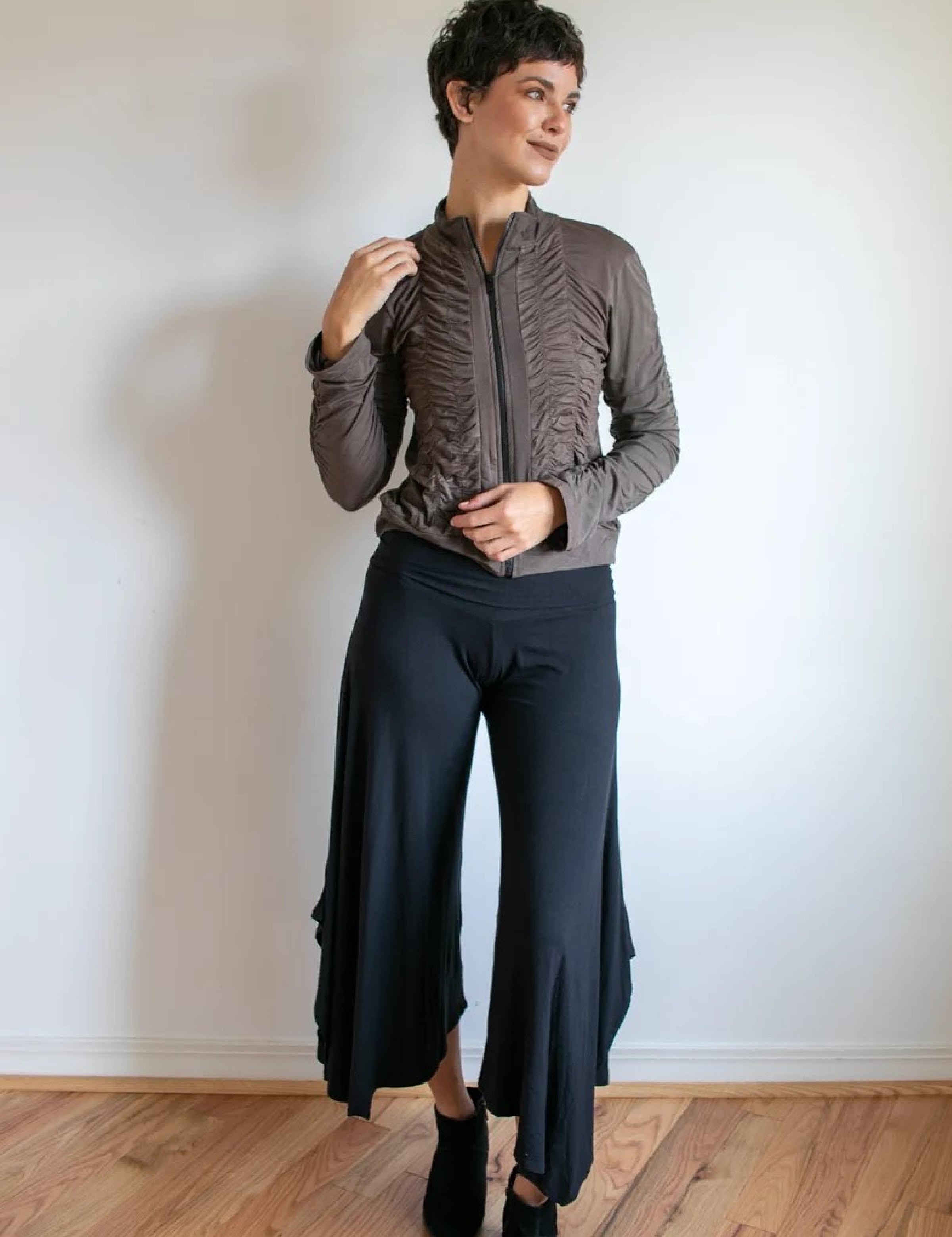 Mrs. Peacock Ruched Zip Front Jacket Mocha