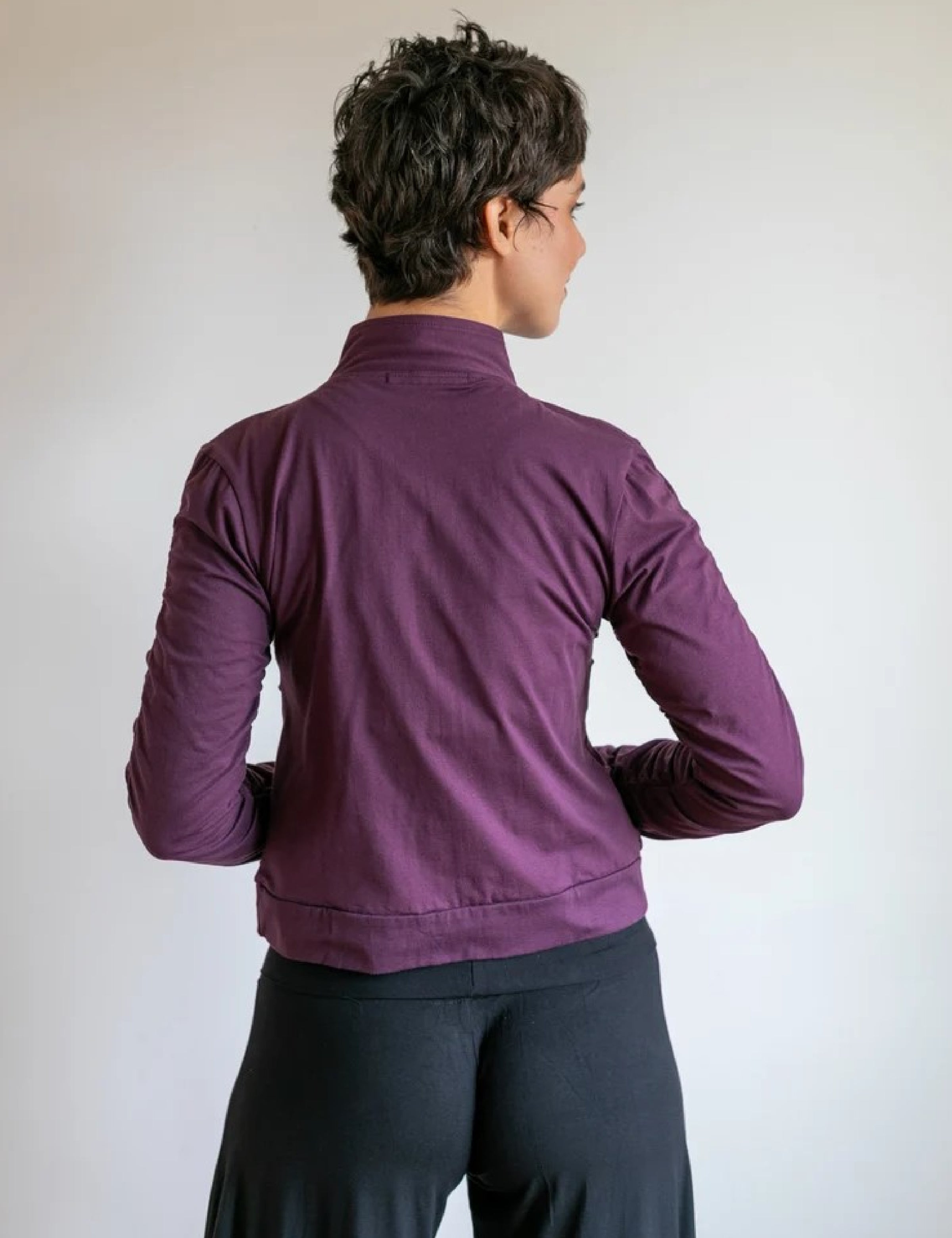 Mrs. Peacock Ruched Zip Front Jacket Eggplant
