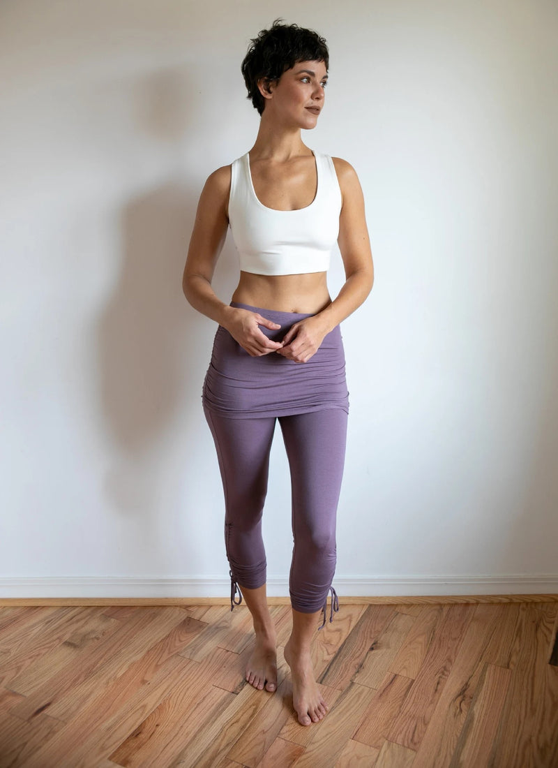 Ruched Cinched Yoga Leggings with Mini Skirt in Amethyst