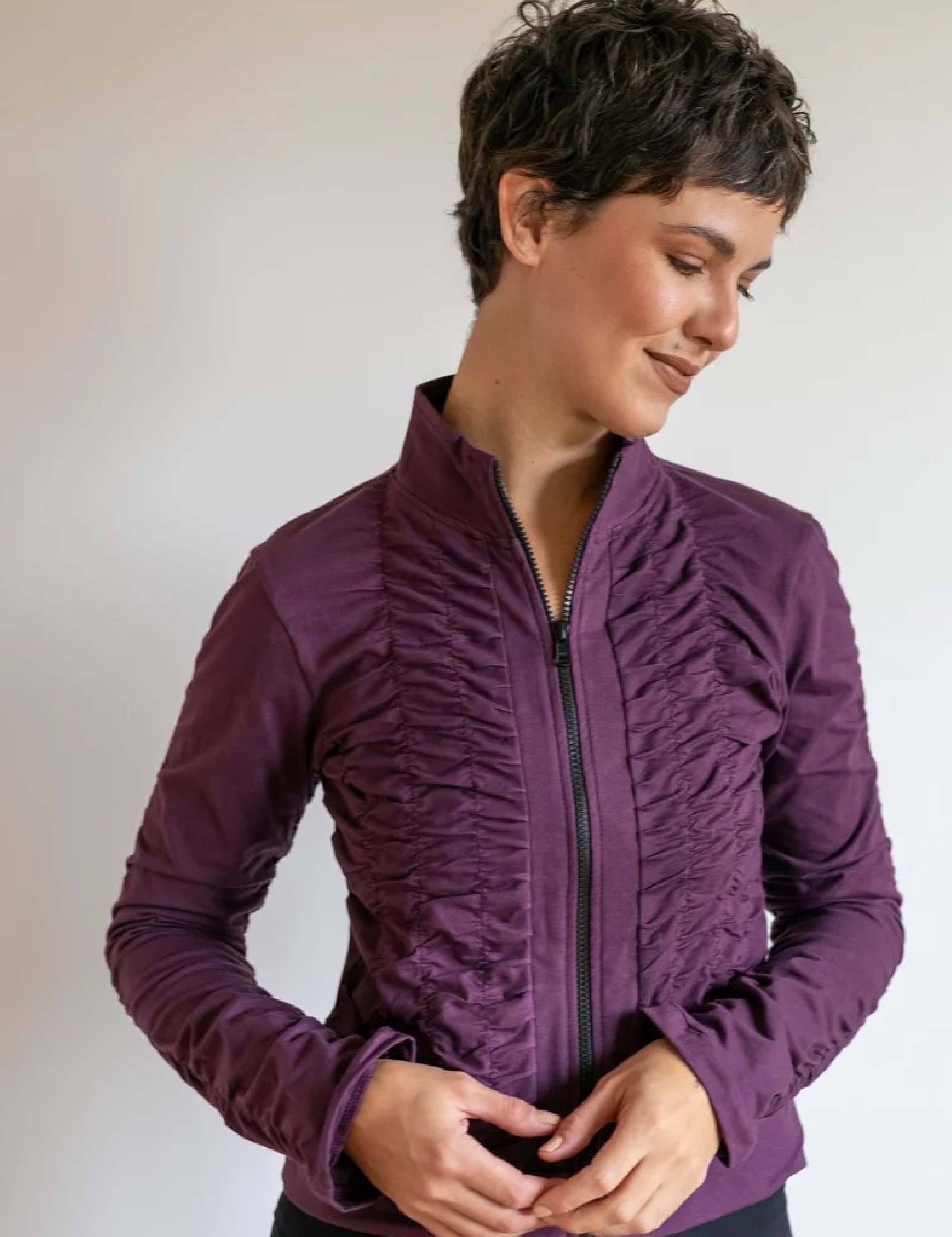 Mrs. Peacock Ruched Zip Front Jacket Eggplant