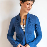 Mrs. Peacock Ruched Zip Front Jacket Indigo