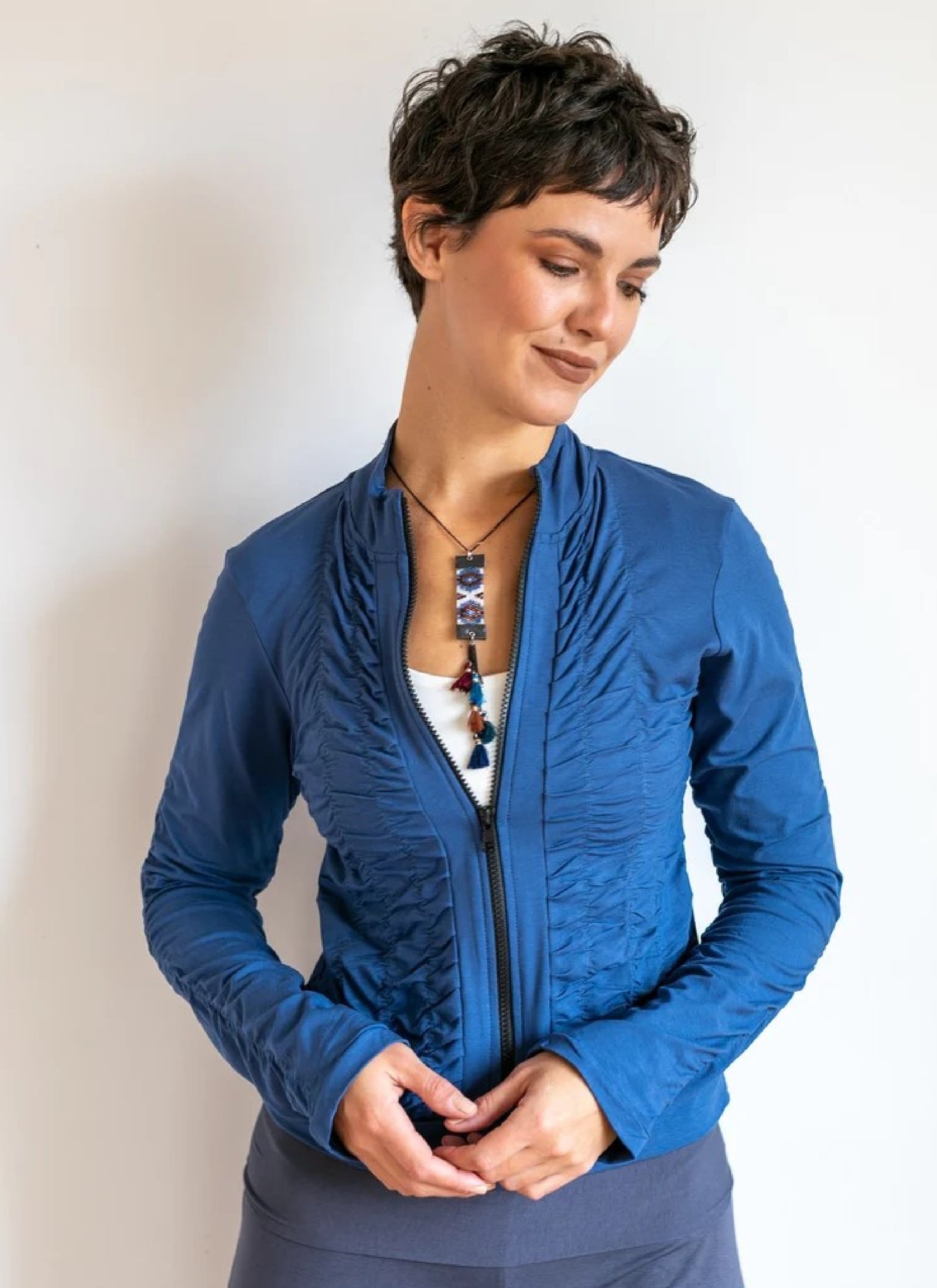 Indigo Ruched Long Sleeve Zip Front Jacket | Shop Online