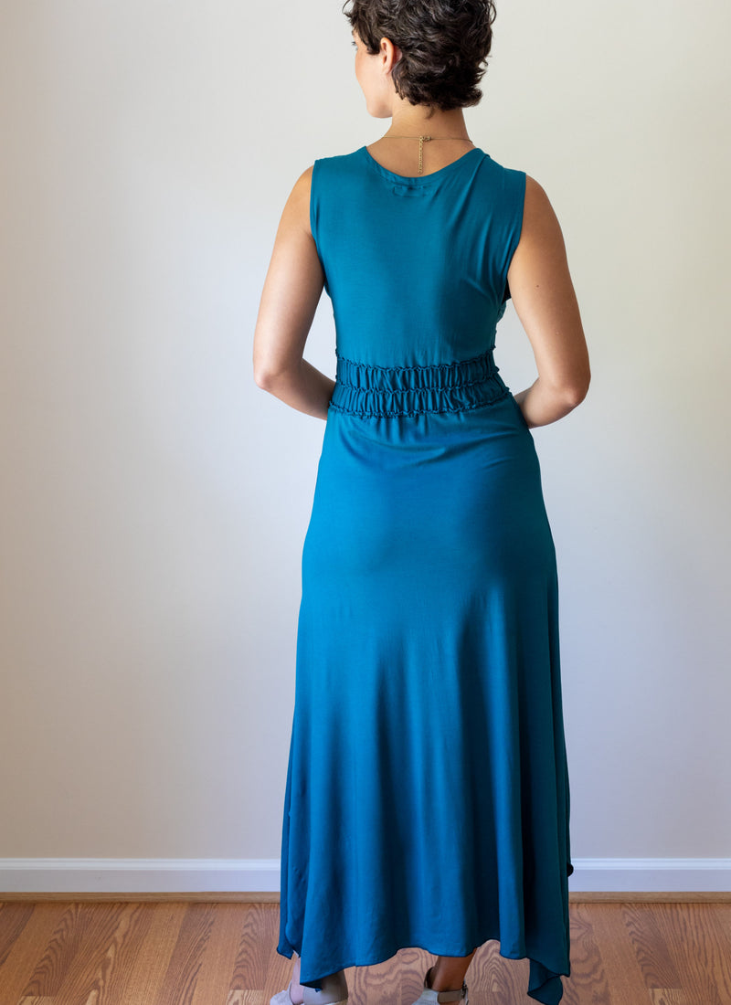 Athena Sleeveless Empire Ruched Waist Goddess Dress in Horizon Blue