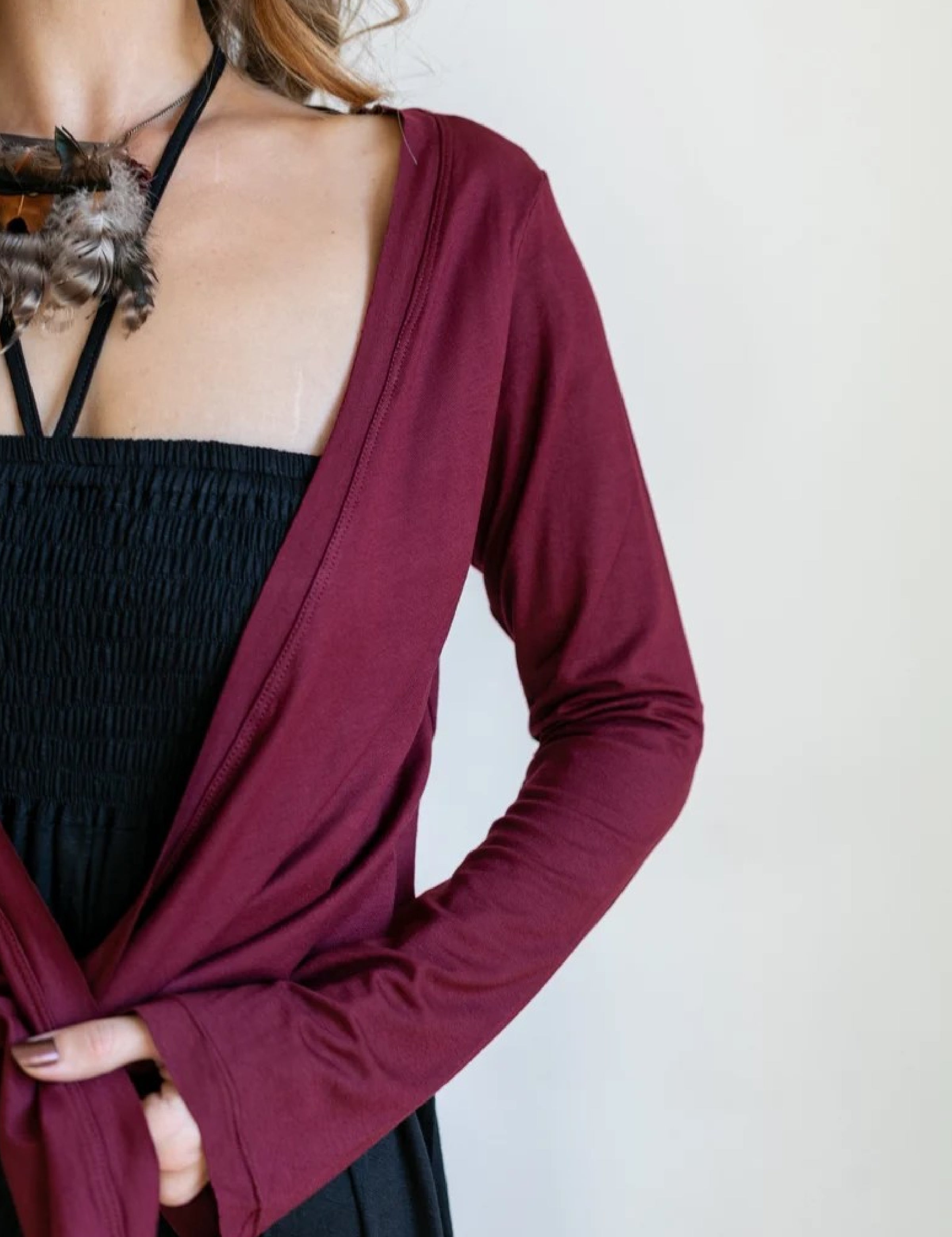 Ballet Wrap Jacket: Women's Tie Front Blouse - Burgundy