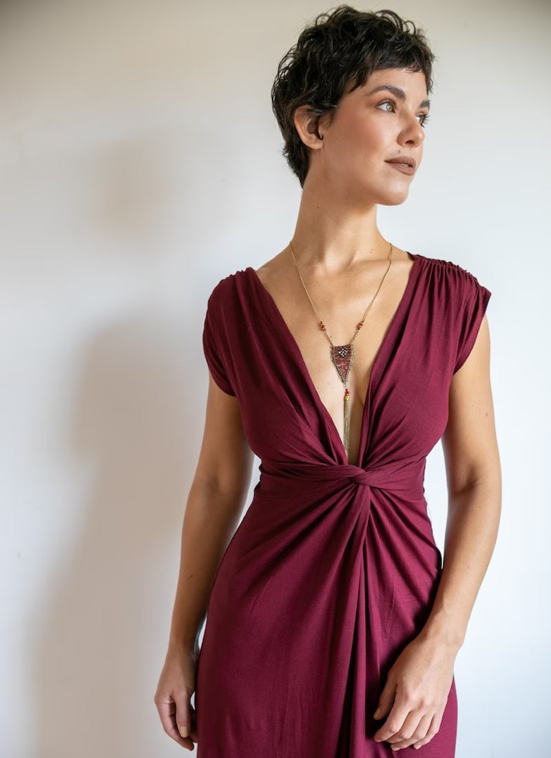 Empire Waist Knot Front Wrap Dress Burgundy