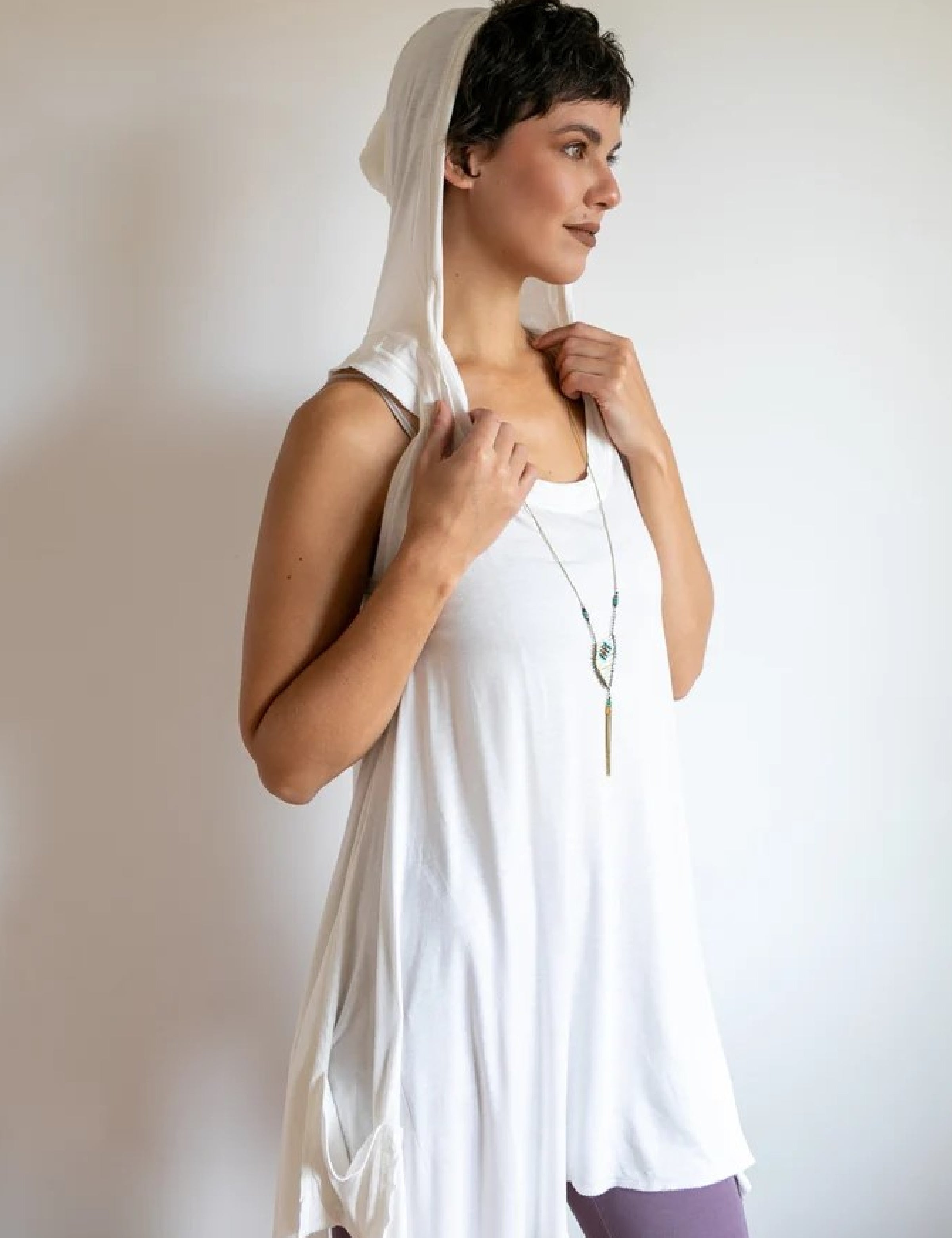 Pixie Sleeveless Hoodie Dress in White Bamboo Fabric