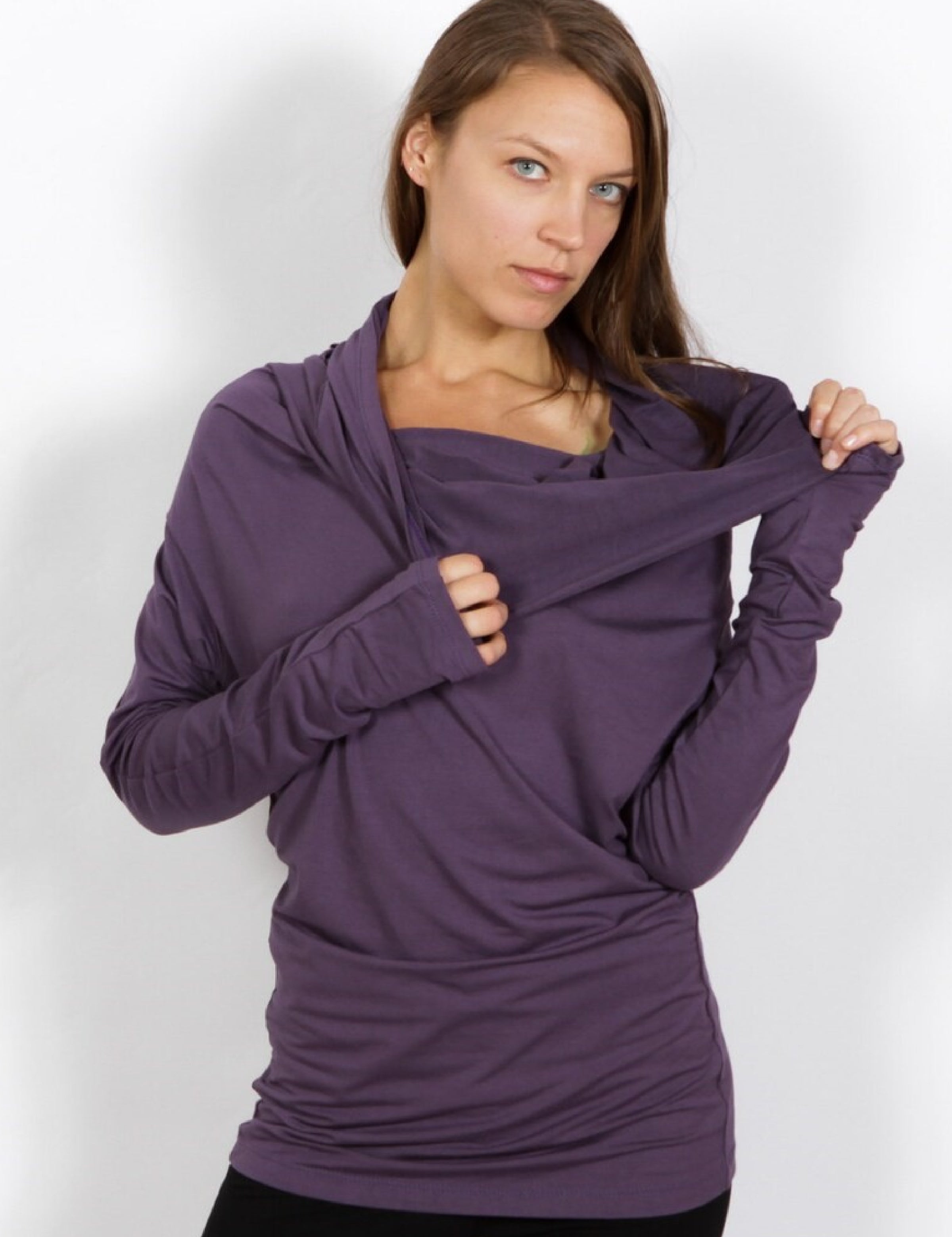 Cowl Neck Hoodie Shirt with Thumbholes in Amethyst