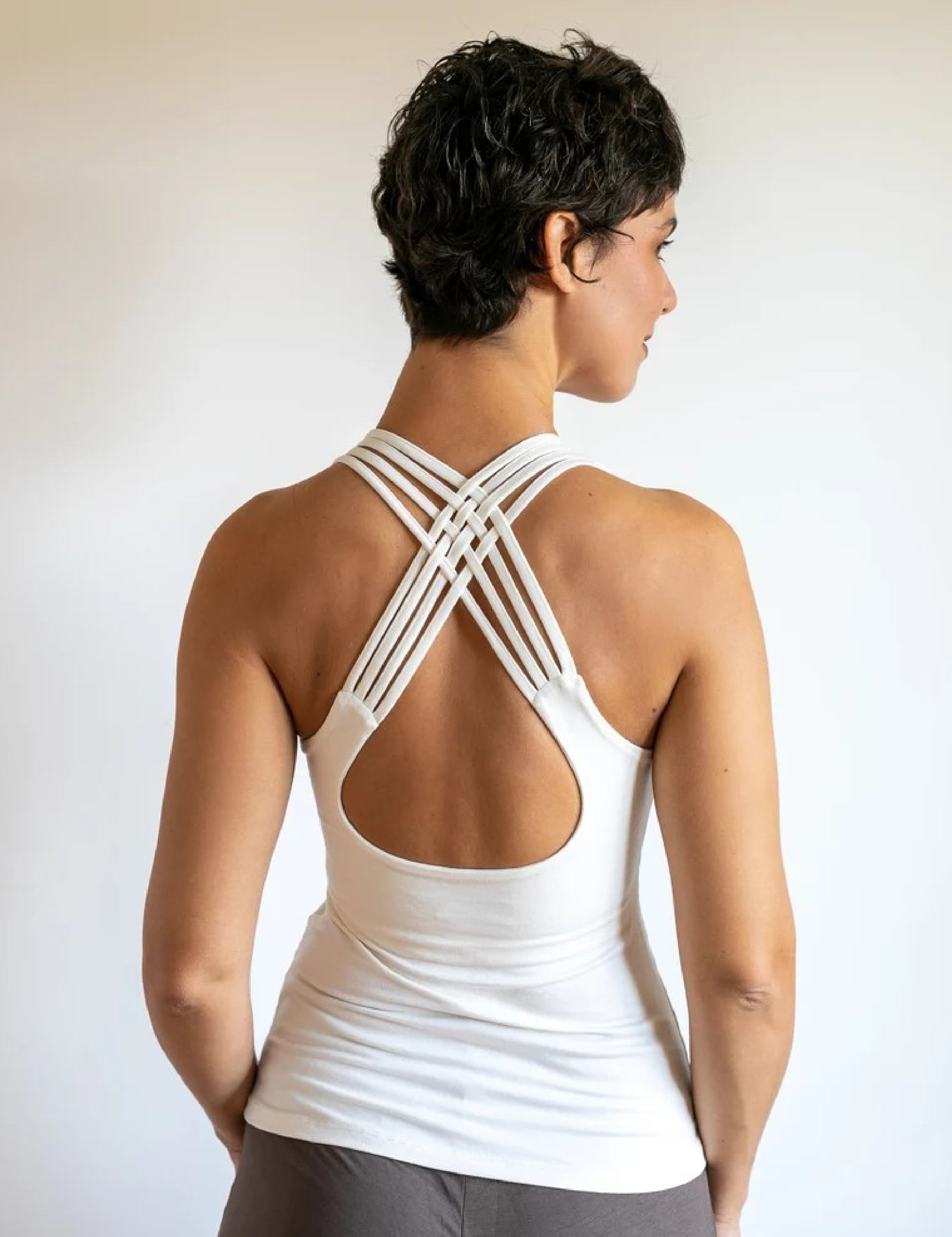 Faith Strappy Yoga Tank Top with Built in Bra in White