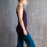 Extra Long Eggplant Woven Back Yoga Tank Top with Built-In Bra | Cotton Lycra Athletic Clothing