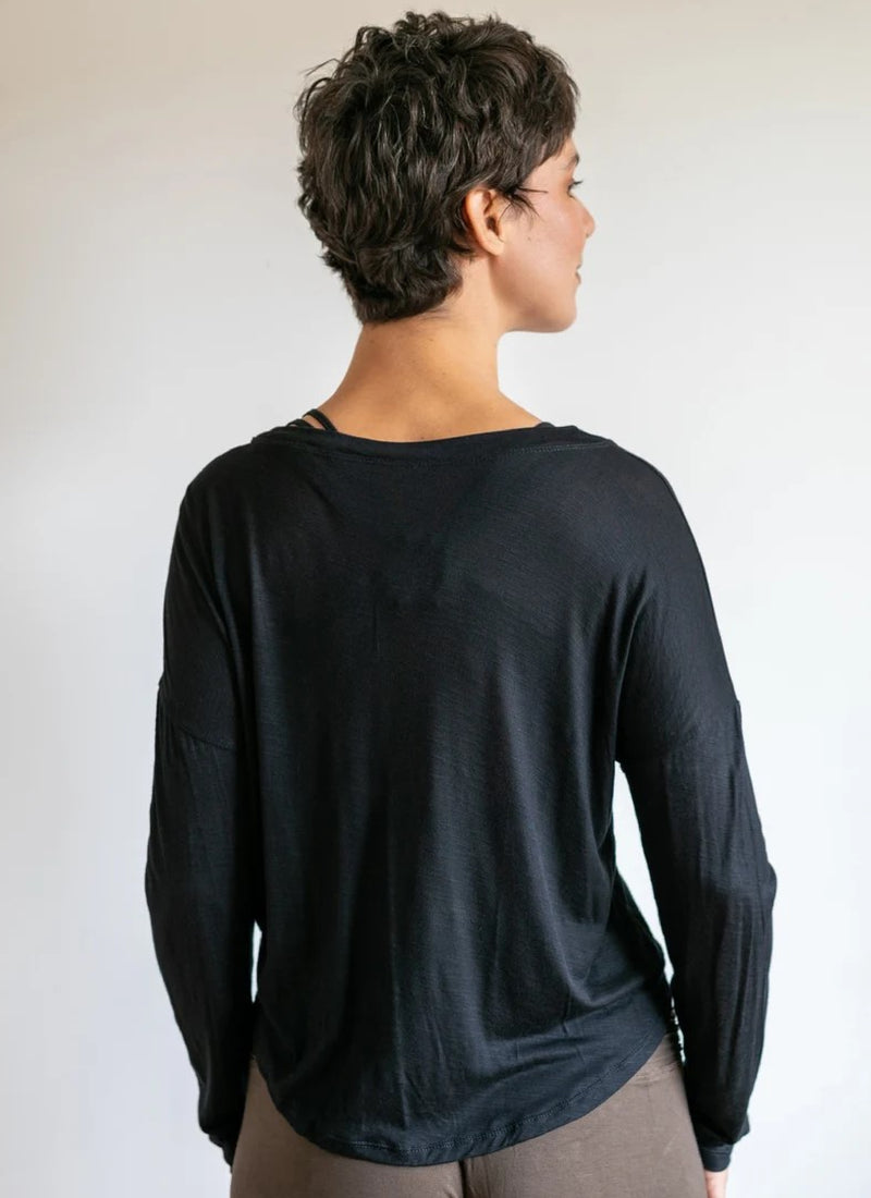 Coconut Button Down Front Long Sleeve Top in Black