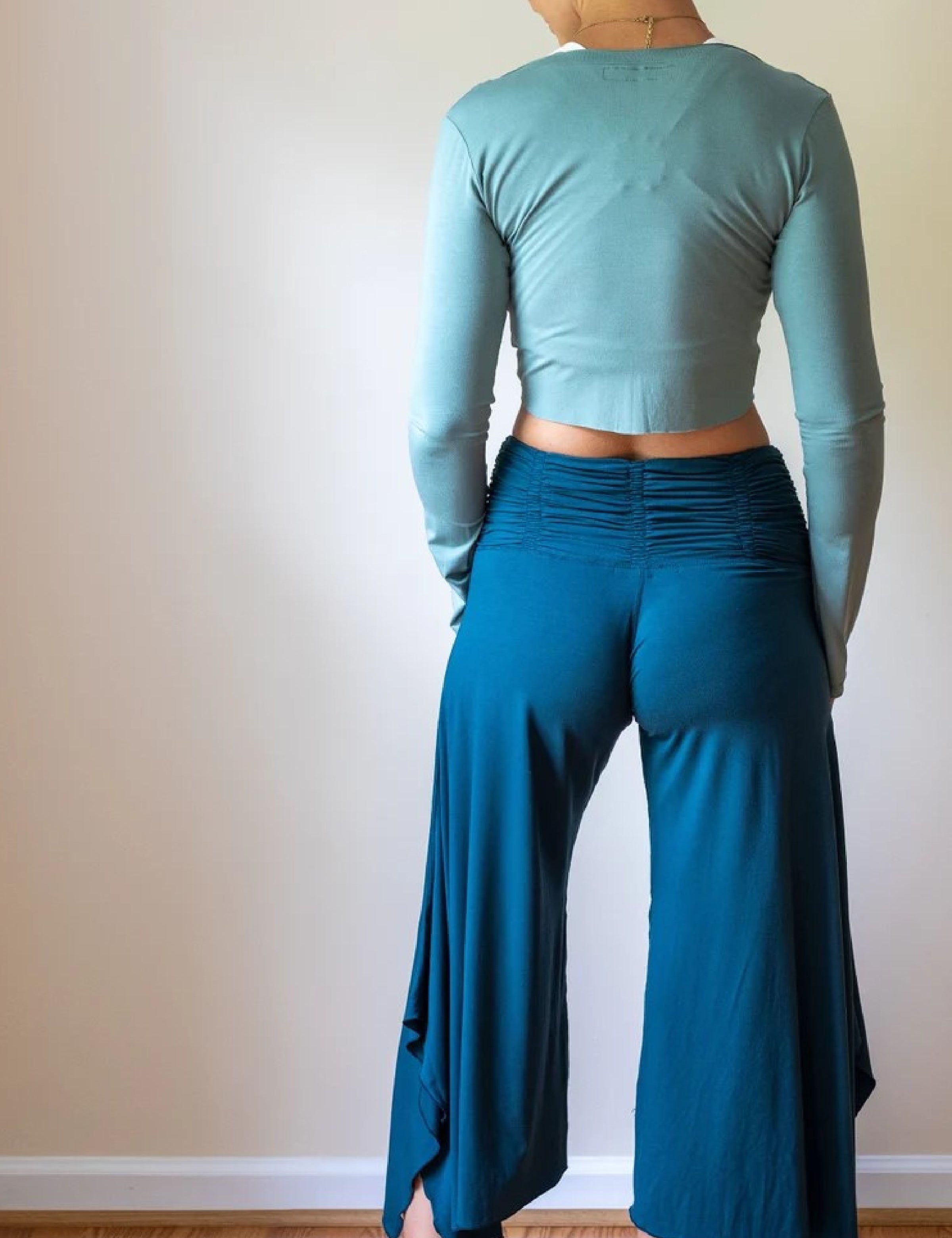 Ruched Waistband, Wide Leg, Flowy Gaucho Pants in Dark Teal
