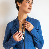 Mrs. Peacock Ruched Zip Front Jacket Indigo