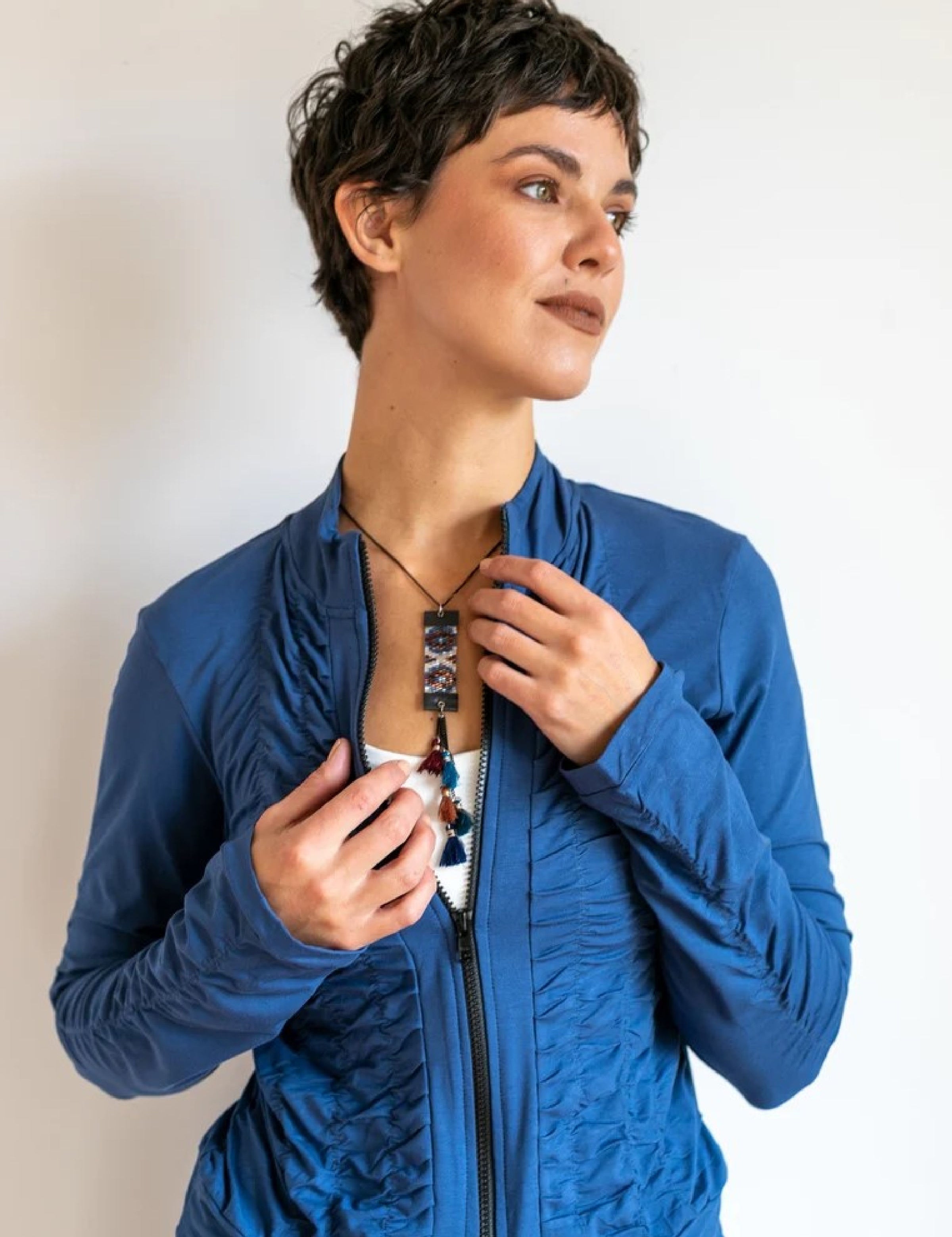 Mrs. Peacock Ruched Zip Front Jacket Indigo