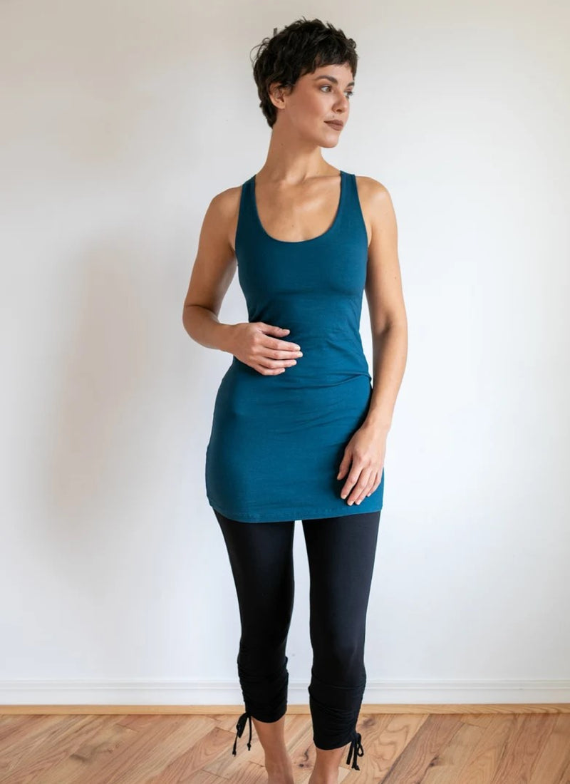 Faith Strappy Yoga Long Tank Top with Built in Bra in Dark Teal
