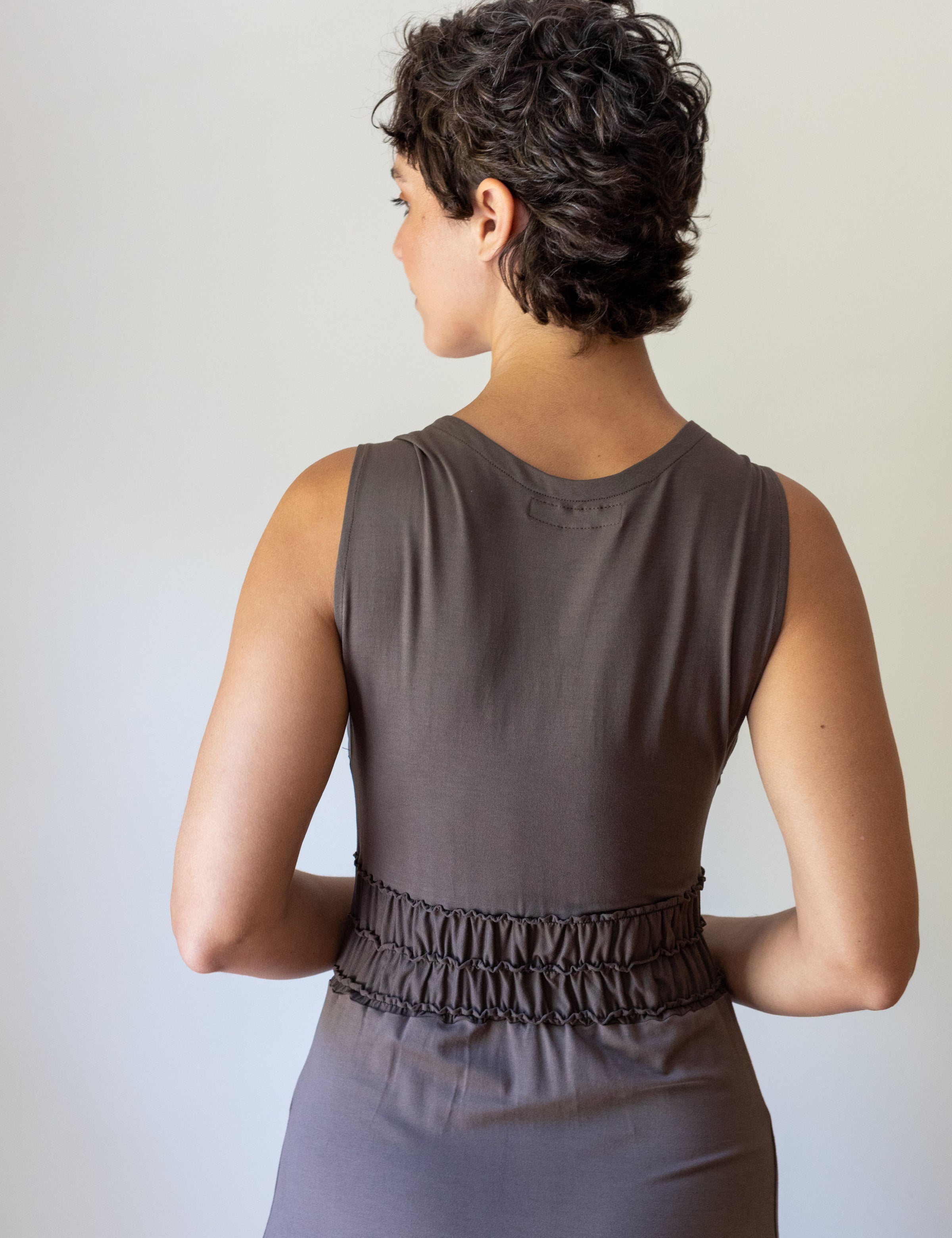 Athena Sleeveless Empire Ruched Waist Goddess Dress in Mocha