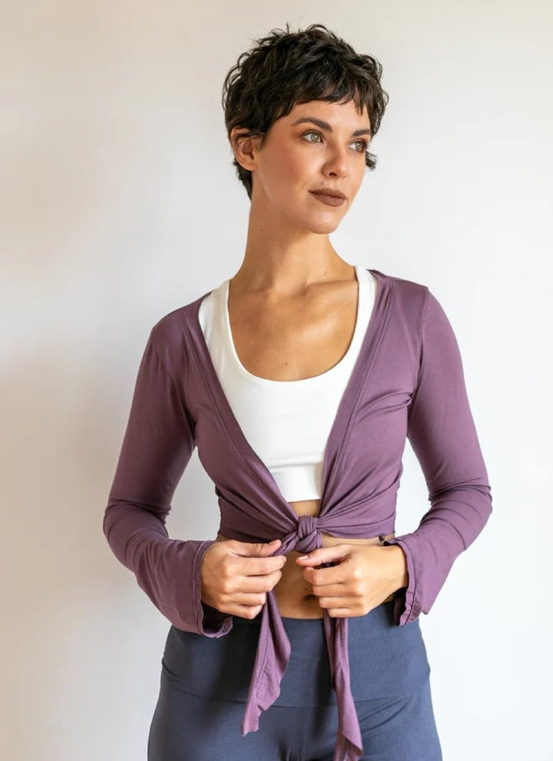 Yoga Wrap Top Mini Ballet Jacket with Sleeves in Amethyst Paramita Designs