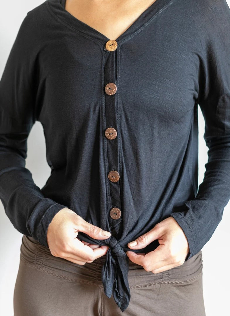 Coconut Button Down Front Long Sleeve Top in Black