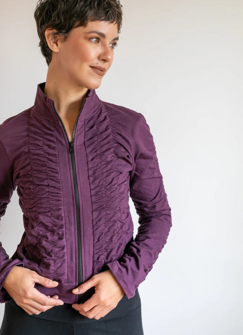 Mrs. Peacock Ruched Zip Front Jacket Eggplant