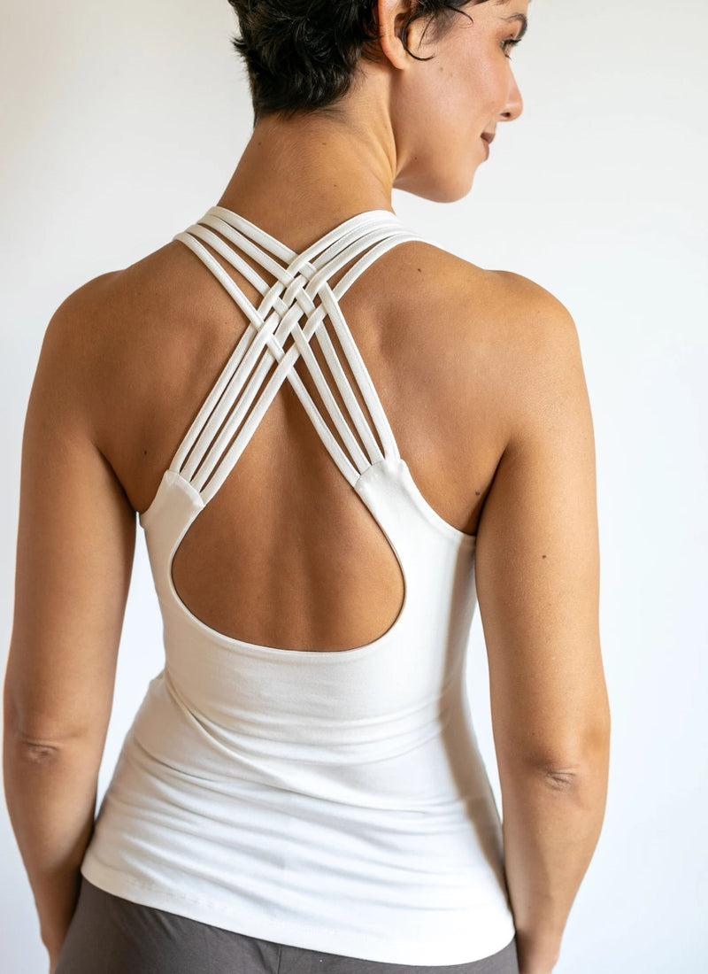 Strappy Criss Cross Yoga Tank Top with Built in Bra in White