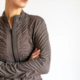 Mrs. Peacock Ruched Zip Front Jacket Mocha