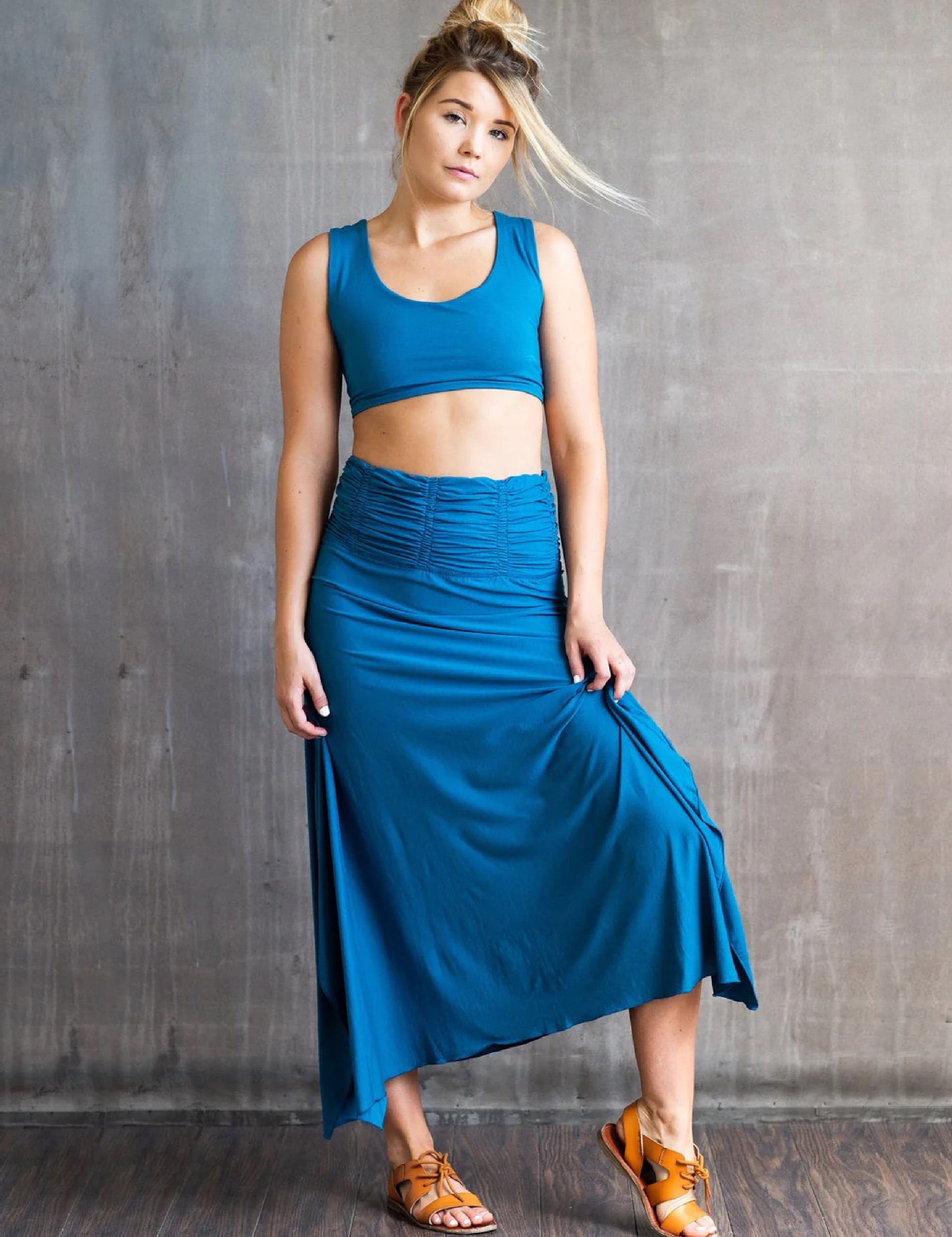 Shakti Ruched Waistband Long Maxi Skirt in Horizon Blue