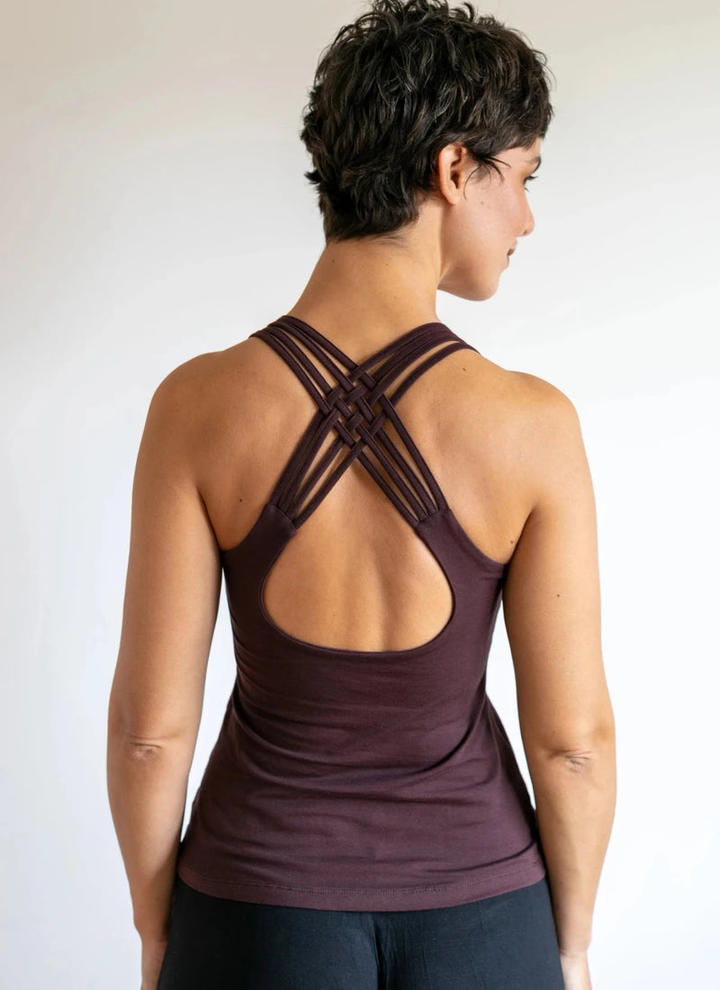 Faith Strappy Yoga Tank Top with Built in Bra in Eggplant