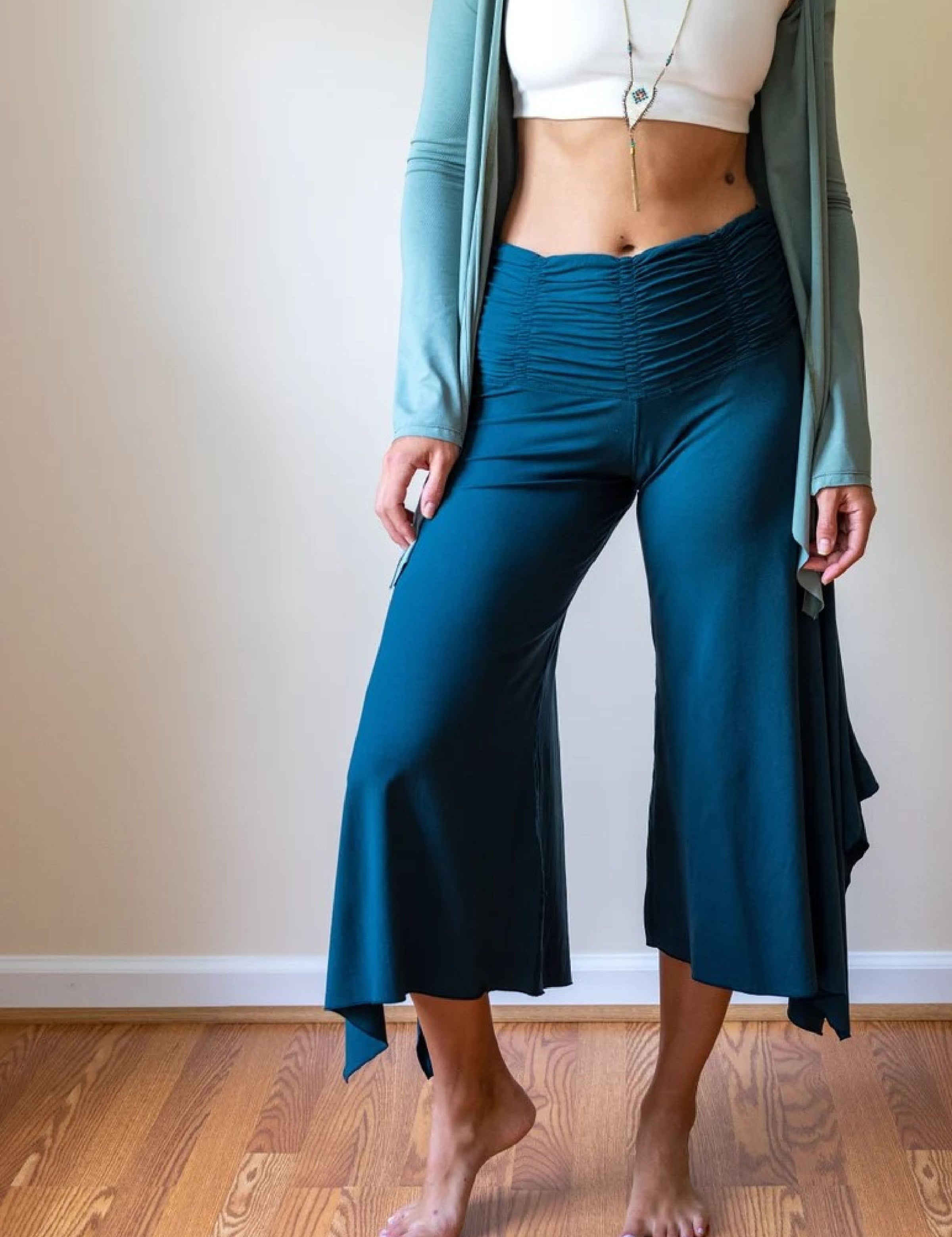 Ruched Waistband, Wide Leg, Flowy Gaucho Pants in Dark Teal