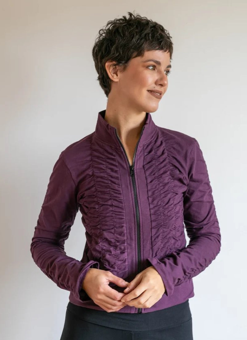 Mrs. Peacock Ruched Zip Front Jacket Eggplant