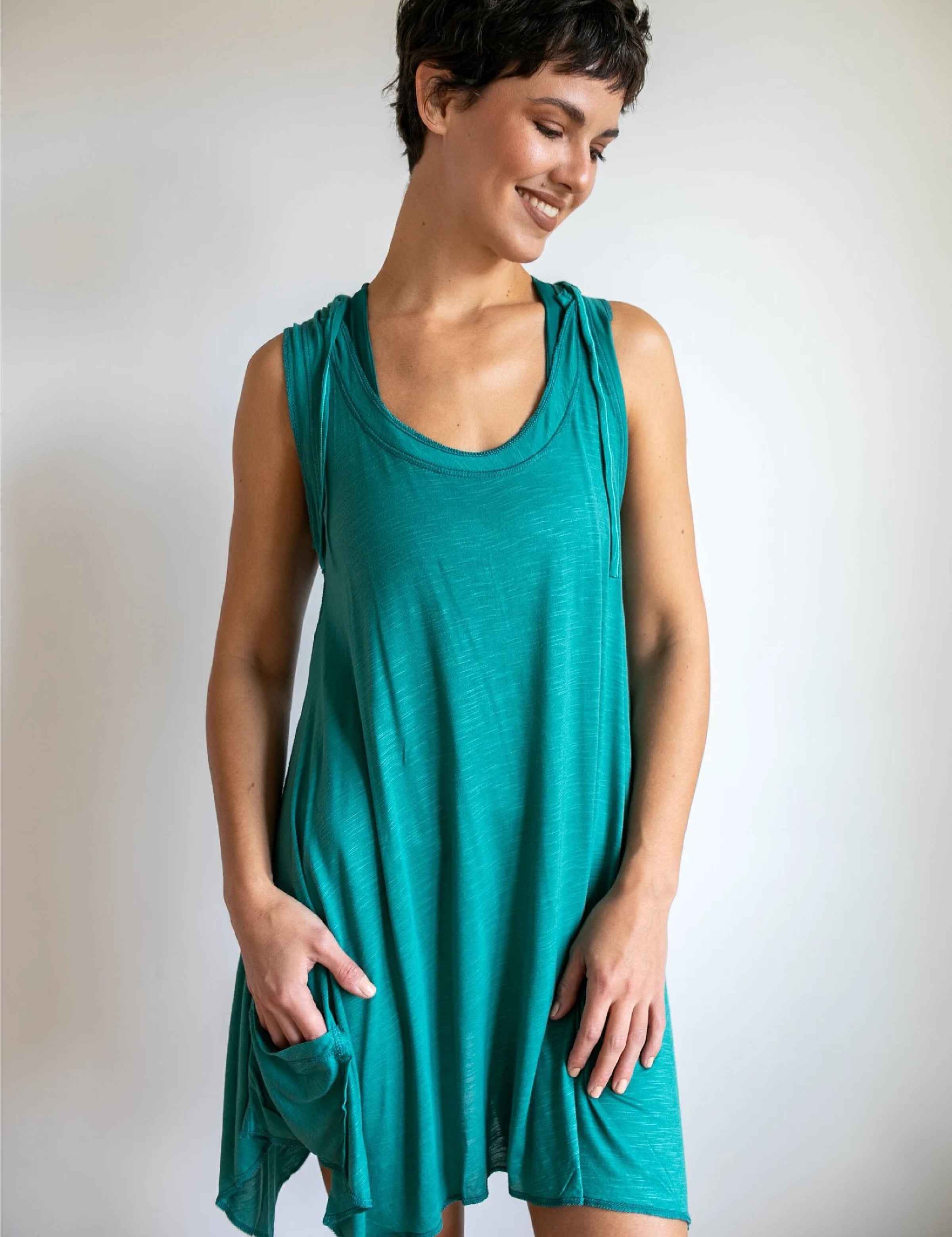 Pixie Sleeveless Hoodie Dress in Teal