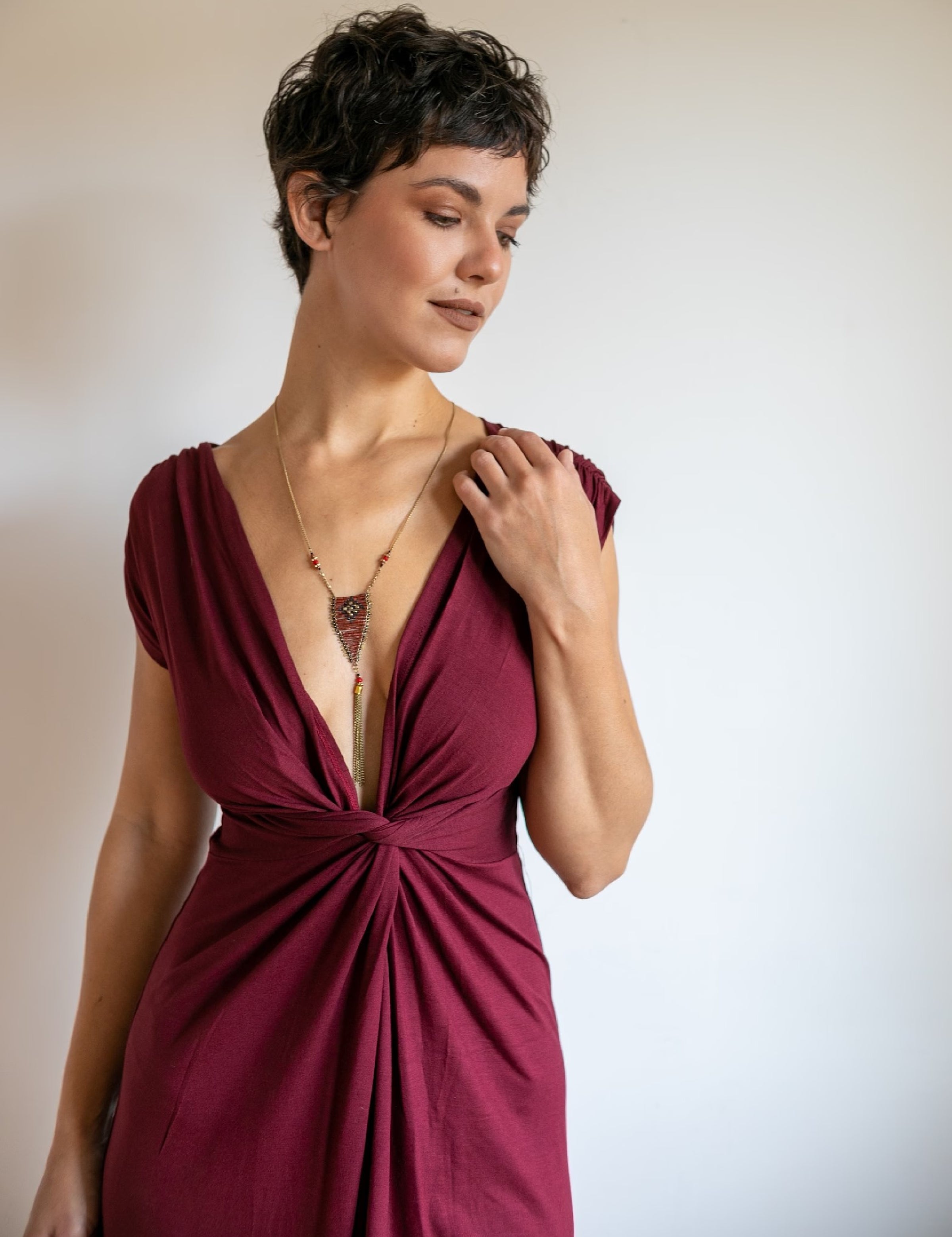 Knot Front Dress – Deep V Empire Waist Dress – Bamboo Rayon Sexy Date Night Dress – Sustainable Boho Evening Dress