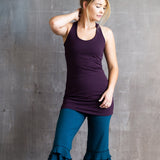 Extra Long Eggplant Woven Back Yoga Tank Top with Built-In Bra | Cotton Lycra Athletic Clothing