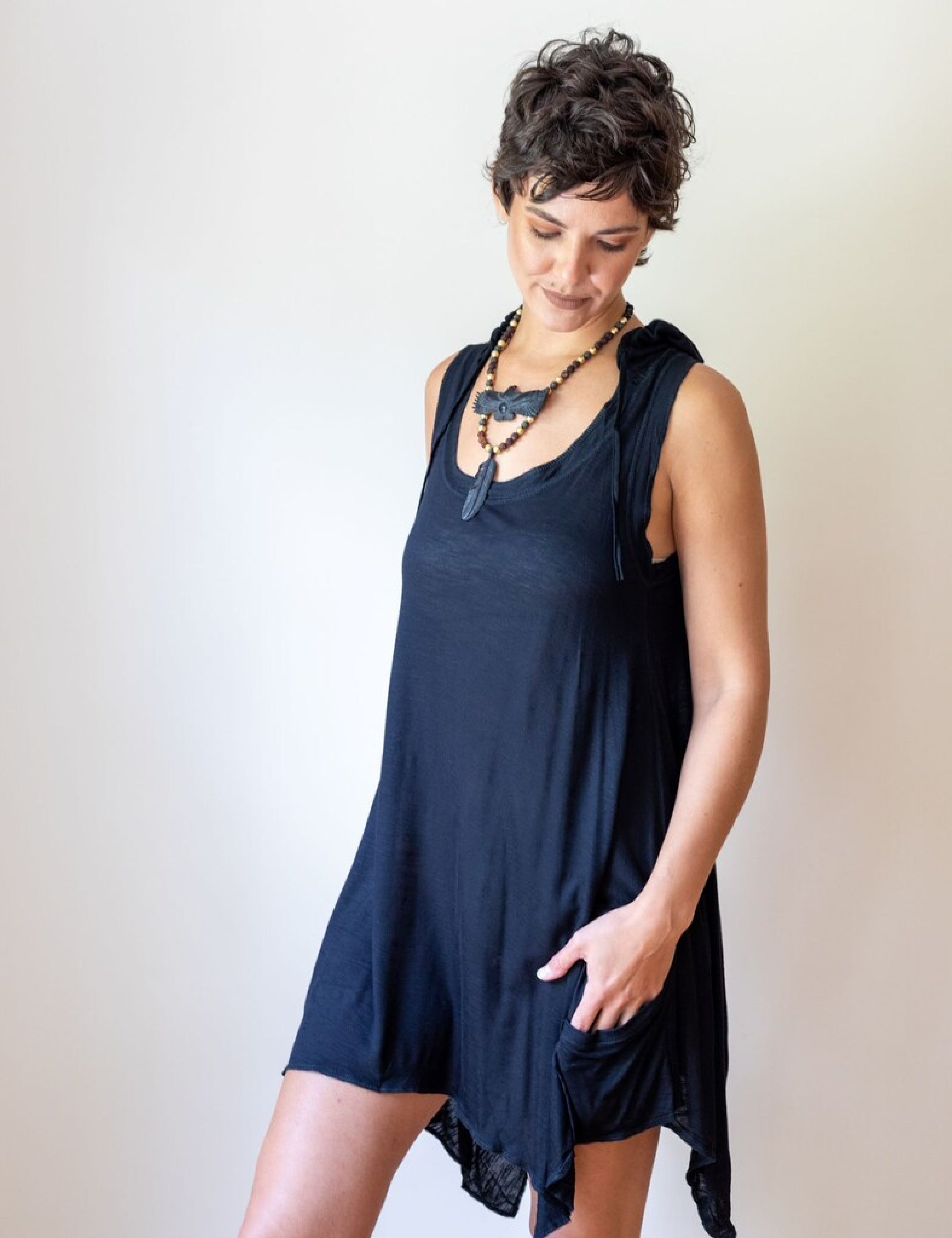 Pixie Sleeveless Hoodie Dress in Black