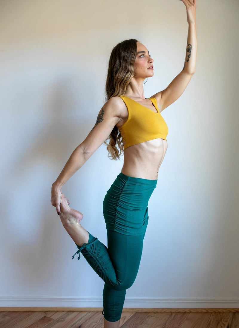 Ruched Cinched Yoga Leggings with Mini Skirt in Jasper Green