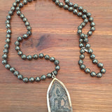 Long Pyrite Beaded Buddha Mala Style Neclace for Him or Her