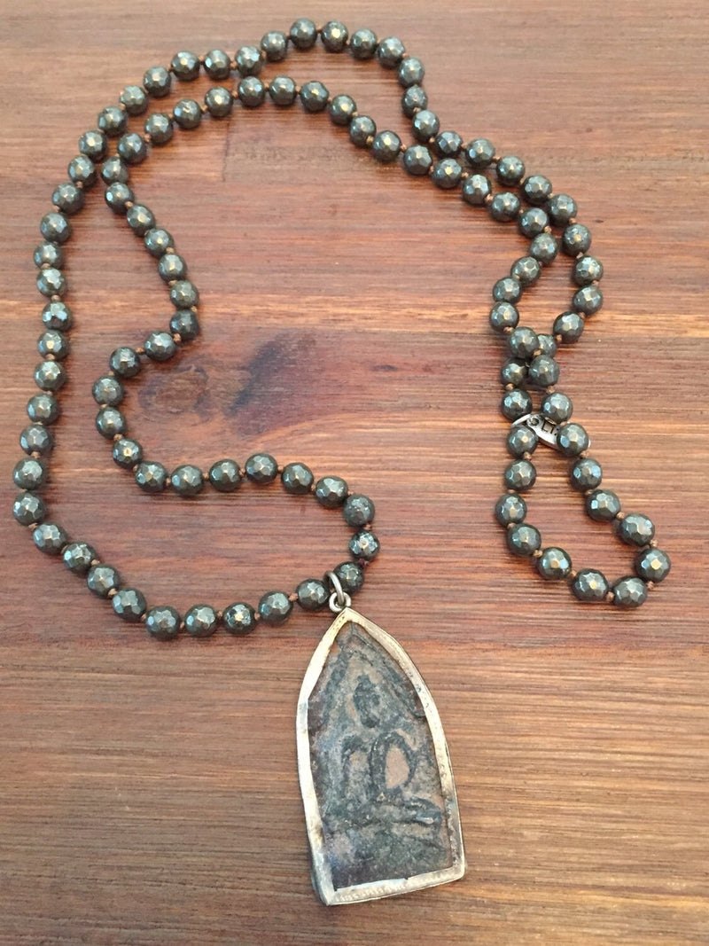 Long Pyrite Beaded Buddha Mala Style Neclace for Him or Her