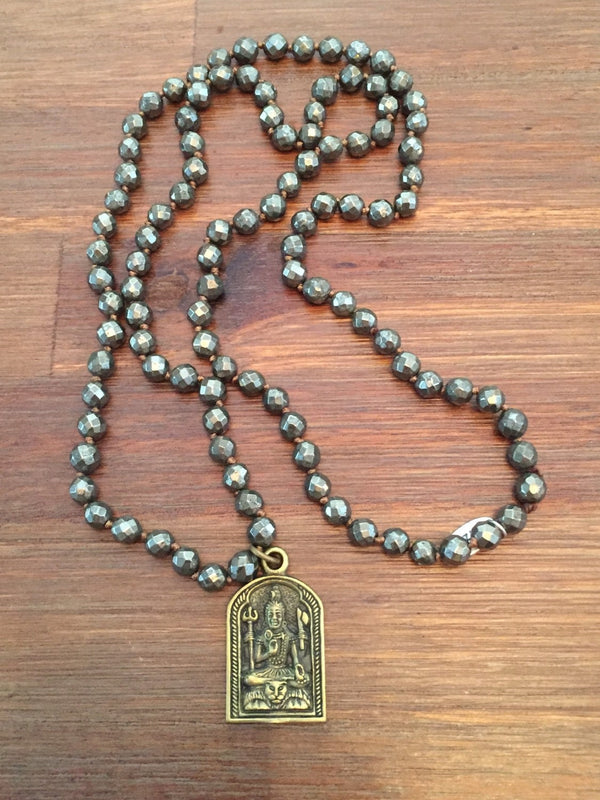 Pyrite Shiva Om Beaded Mala Necklace