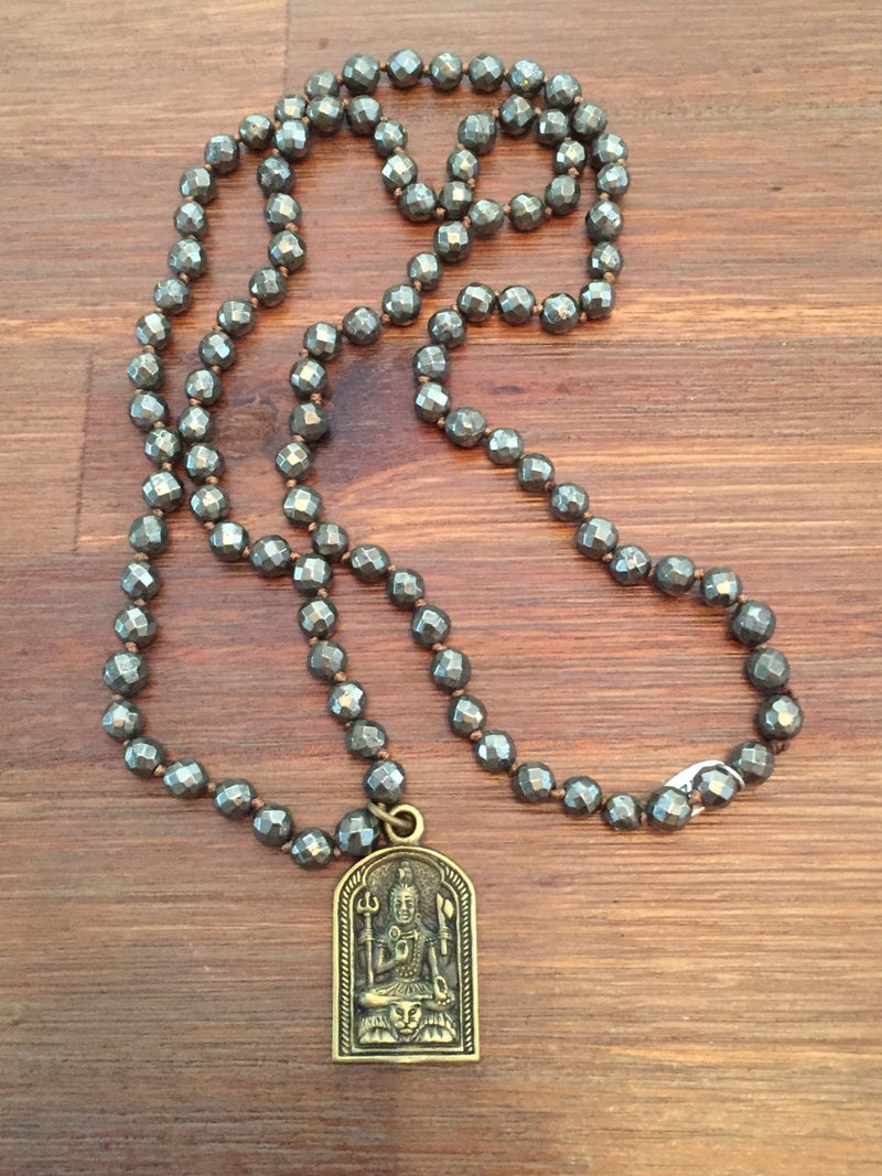 Pyrite Shiva Om Beaded Mala Necklace