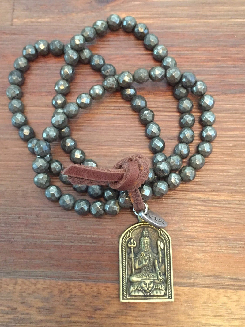 Pyrite Mala Prayer Beads w/ Shiva Pendant Aum Symbol Bracelet/Om