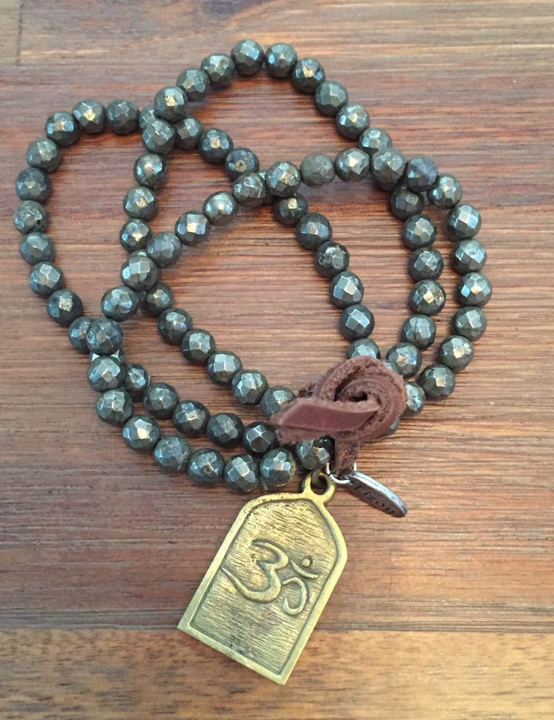 Pyrite Mala Prayer Beads w/ Shiva Pendant Aum Symbol Bracelet/Om