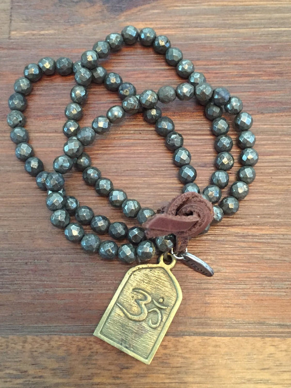 Pyrite Mala Prayer Beads w/ Shiva Pendant Aum Symbol Bracelet/Om