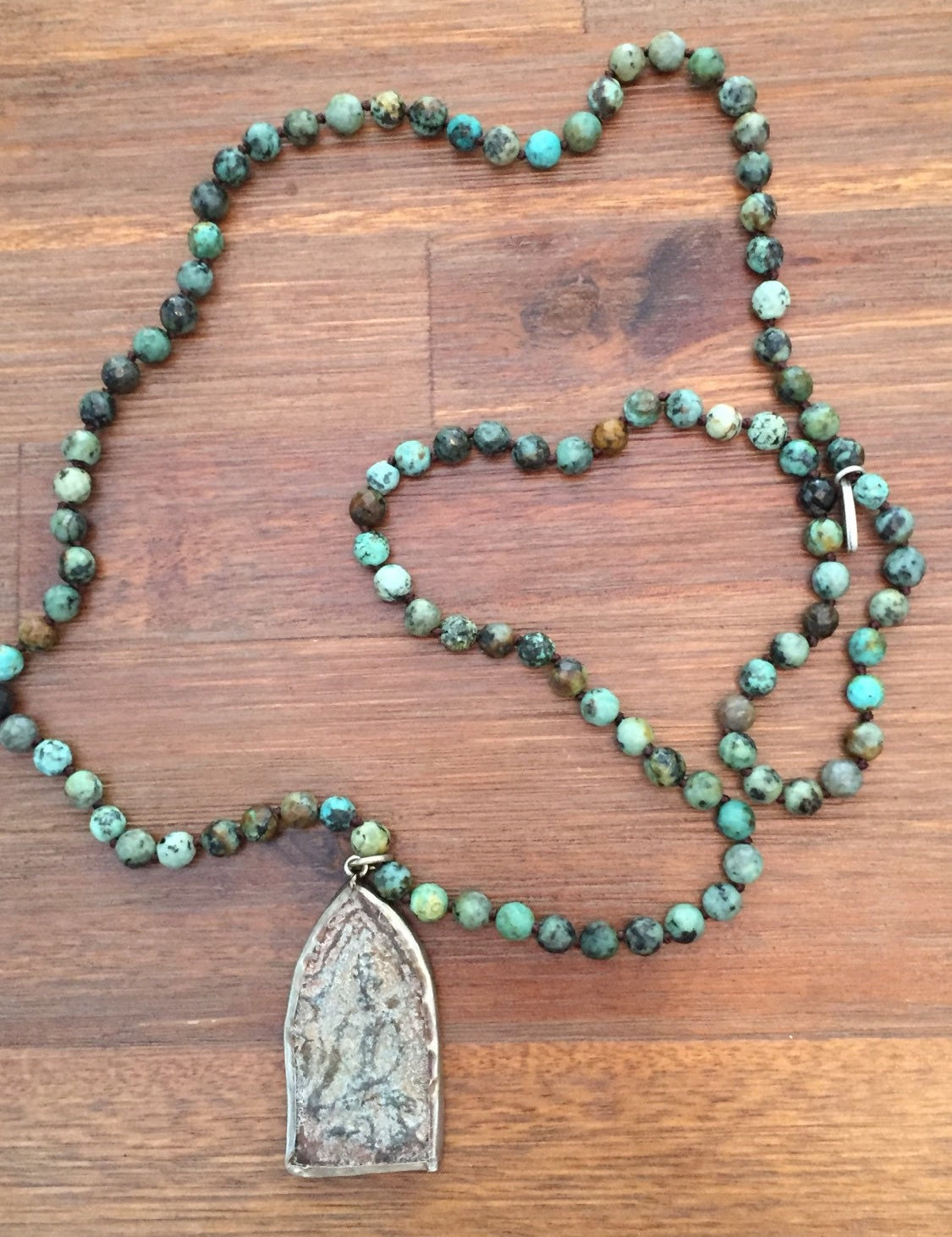African Turquoise Antique Carved Stone Buddha Mala Beads Necklace