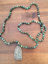 African Turquoise Antique Carved Stone Buddha Mala Beads Necklace