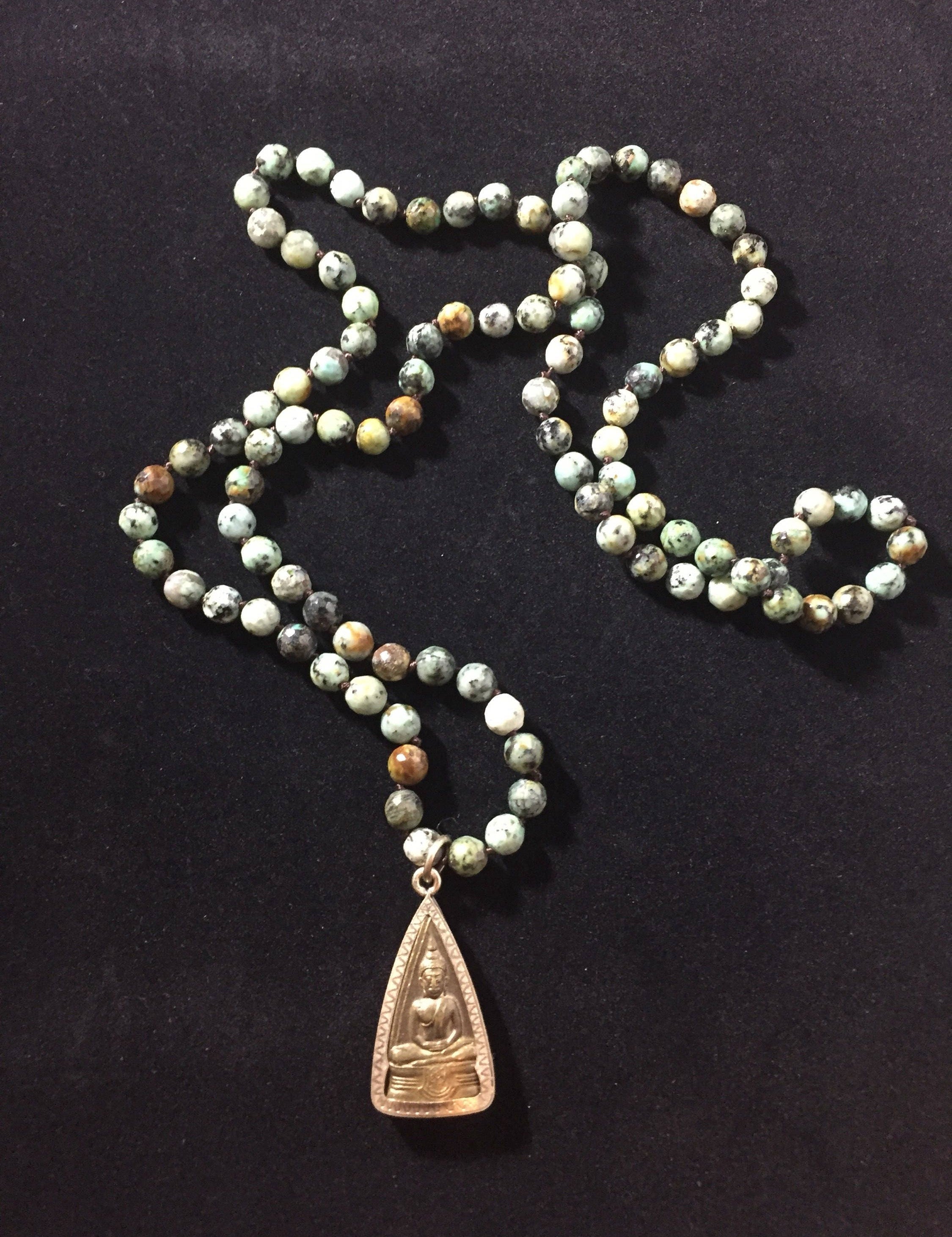 African Turquoise Buddha Pendant Mala: Handmade Prayer Bead Necklace
