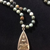 African Turquoise Buddha Pendant Mala: Handmade Prayer Bead Necklace