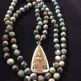 African Turquoise Buddha Pendant Mala: Handmade Prayer Bead Necklace