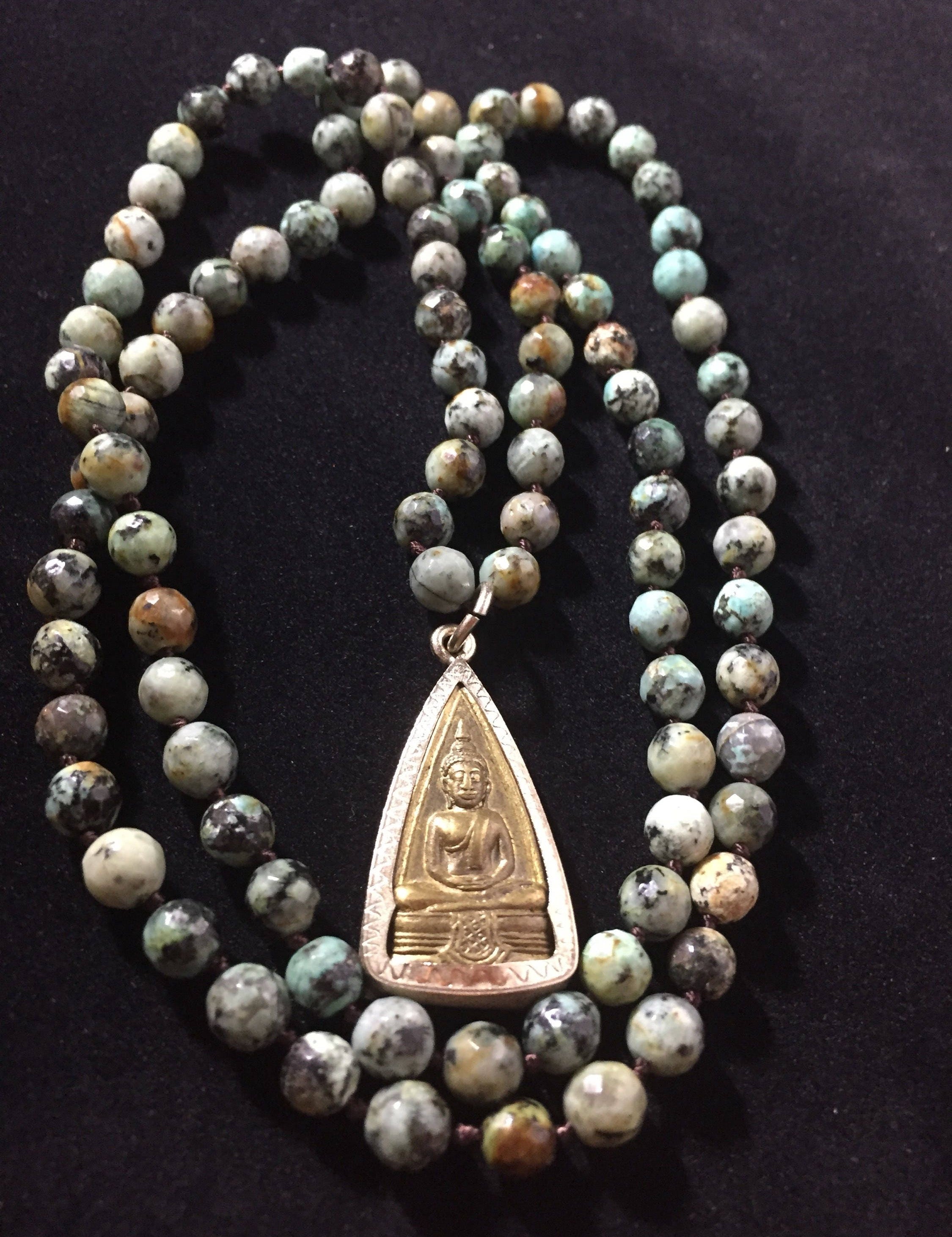 African Turquoise Buddha Pendant Mala: Handmade Prayer Bead Necklace