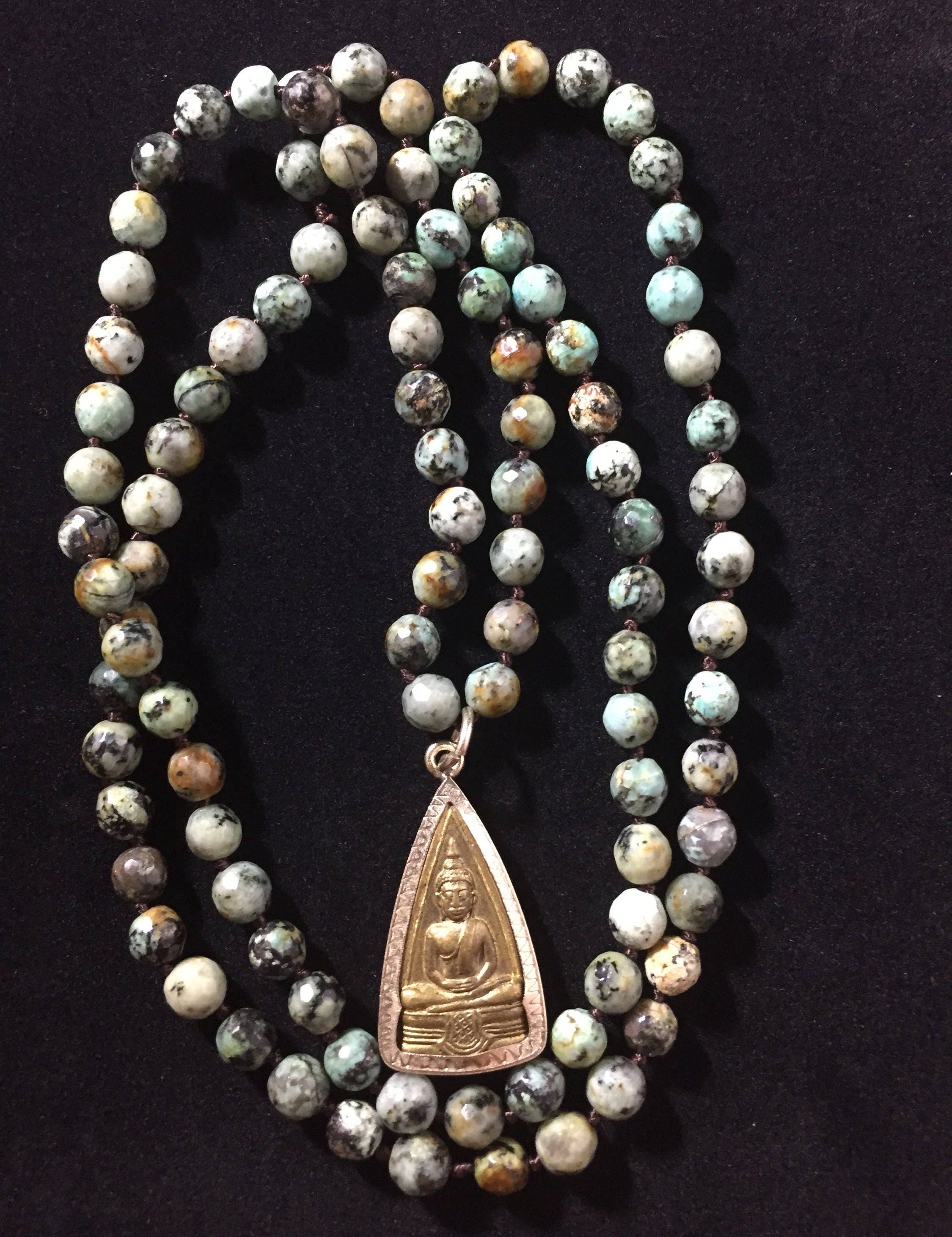 African Turquoise Buddha Pendant Mala: Handmade Prayer Bead Necklace